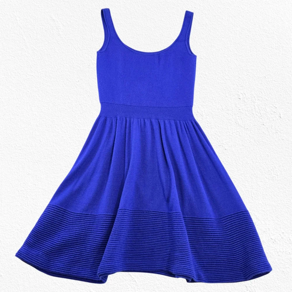 Kate Spade Cobalt Blue 100% Wool Knit Fit Flare Dress Size XS Scoop Neck 2010s